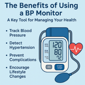 Person checking blood pressure at home with a digital BP monitor, smiling, with health tips displayed in soft blue and green tones.