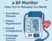 Person checking blood pressure at home with a digital BP monitor, smiling, with health tips displayed in soft blue and green tones.