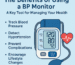Person checking blood pressure at home with a digital BP monitor, smiling, with health tips displayed in soft blue and green tones.