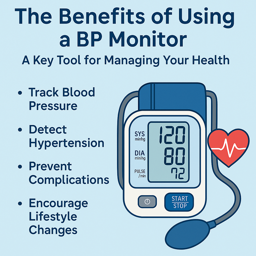 Person checking blood pressure at home with a digital BP monitor, smiling, with health tips displayed in soft blue and green tones.
